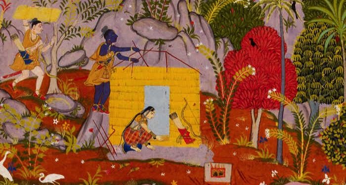 artwork depicting Rama, Sita and Laxmana setting up their hut in the forests of Panchavati.