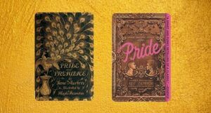 collage of two book covers against a gold background. Covers are Pride and Prejudice by Jane Austen and Pride by Ibi Zoboi