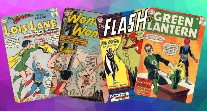 collage of 4 DC superhero comics: Lois Lane #21, Flash #133, Green Lantern #9, and Wonder Woman #140