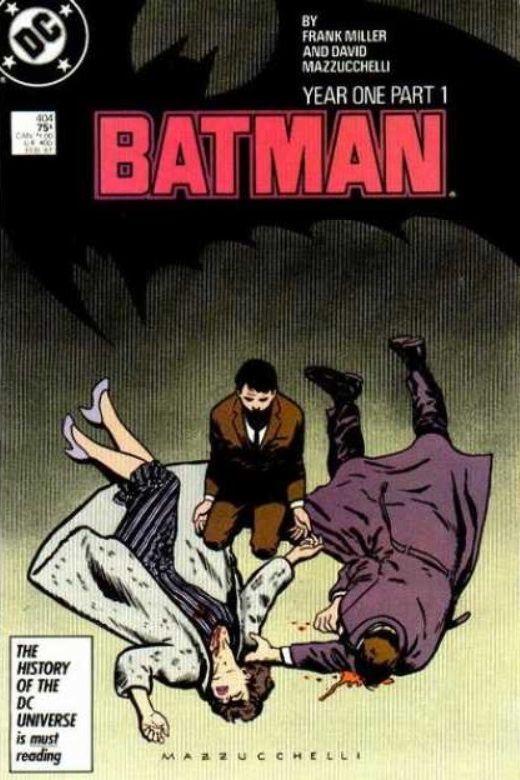 Batman #404 cover. Young Bruce Wayne kneels between his parents bodies.