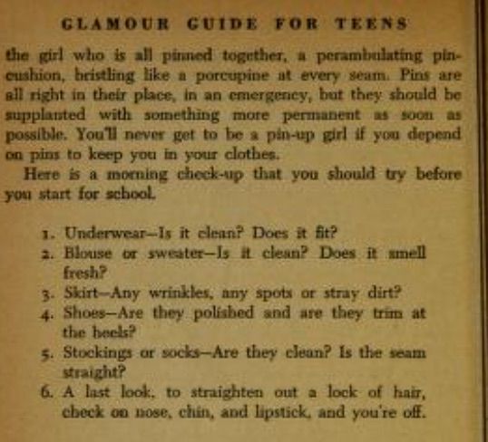 Screen shot of advice for leaving the house from Glamour Guide. 