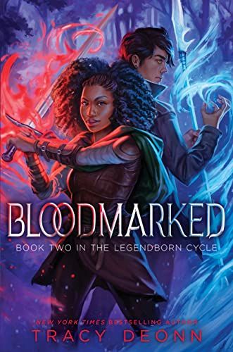 cover of Bloodmarked (The Legendborn Cycle) by Tracy Deonn, an illustration of a young Black woman holding a sword and a young man with black hair standing behind her