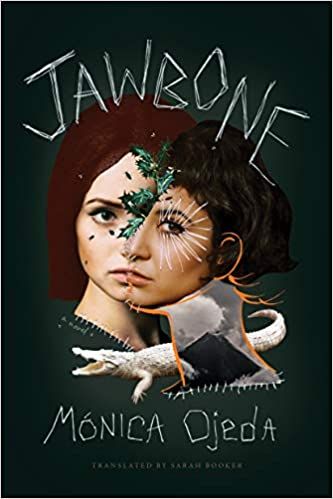 cover of Jawbone by Mónica Ojeda; illustration of two young women's faces sew together down the middle