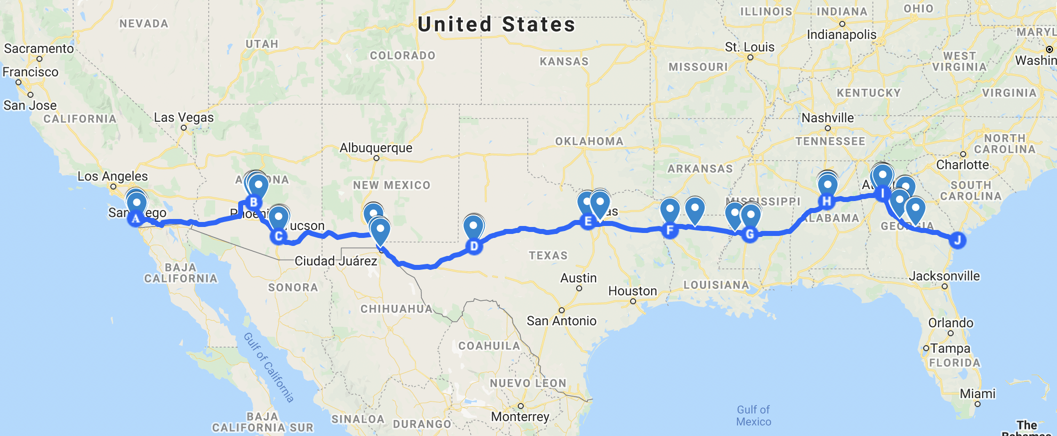map of entire southern pacific bookish road trip route from San Diego to Savannah 