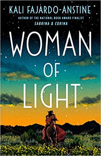 cover of Woman of Light by Kali Fajardo-Anstine, illustration of woman in a red dress riding a horse under a dusk sky