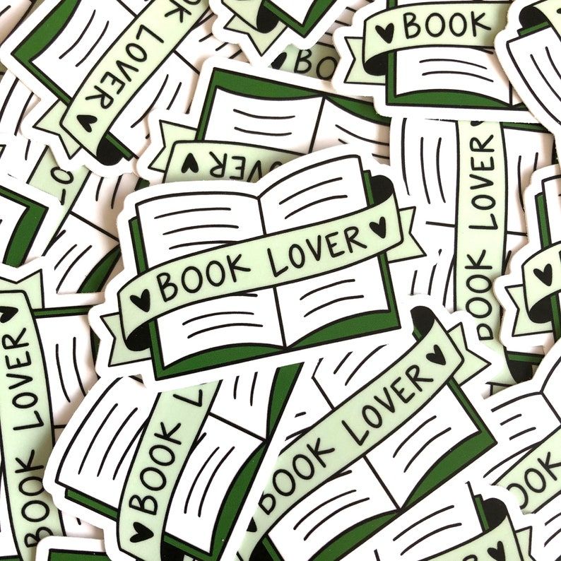 Green "book lover" sticker featuring an open book. 