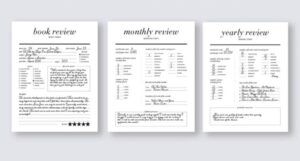 three black and white reading journal pages; one is labeled "book review," one is "monthly review," and one is "yearly review"