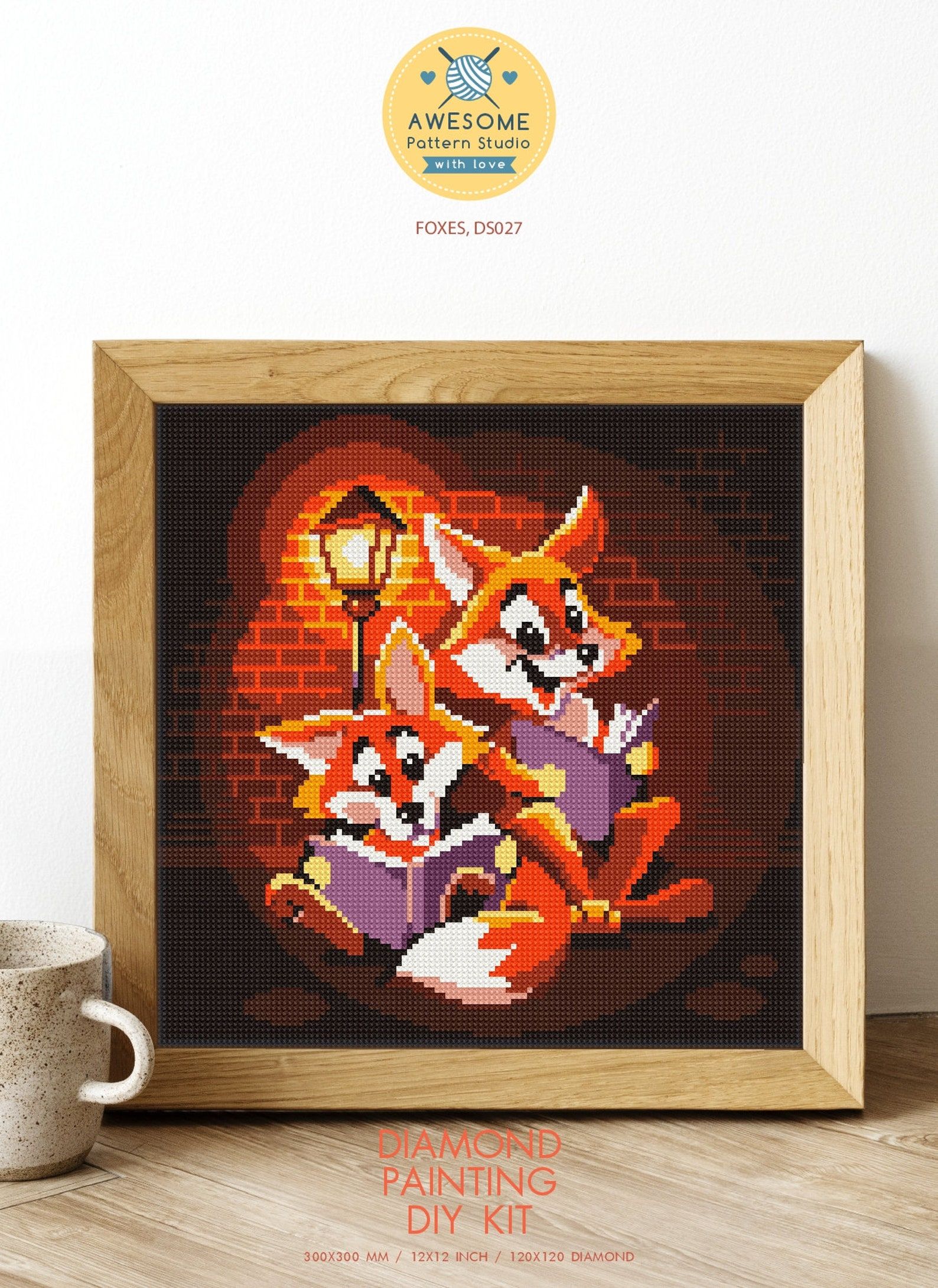 Image of a finished diamond painting project that features two foxes reading together. 