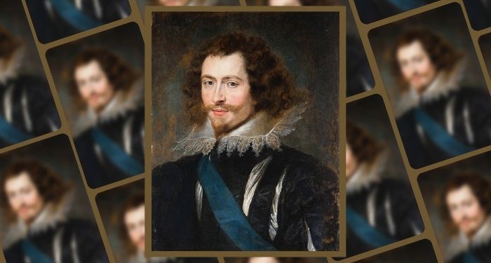 portrait of George Villiers against a collage of smaller versions of the same portrait