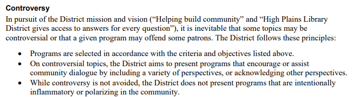 Image of the text of the programming policy under "controversy."
