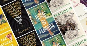 collage of five book covers: The Natural Mother of the Child; White Magic; Home in Florida; Madder; and History of Scars
