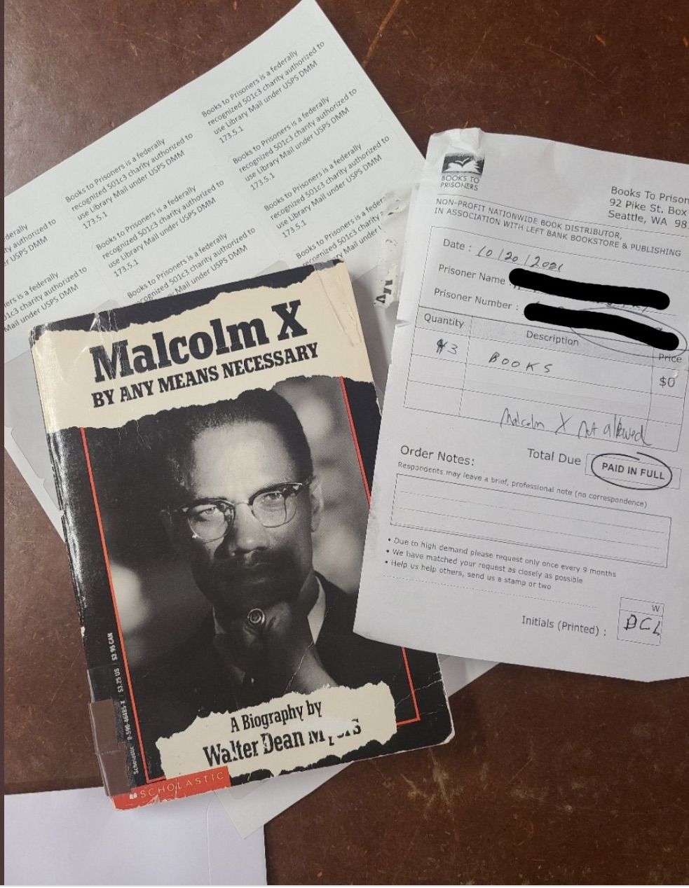 Image of returned Malcolm X book