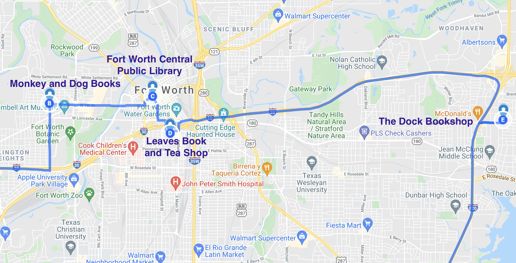 map of literary spots in fort worth texas