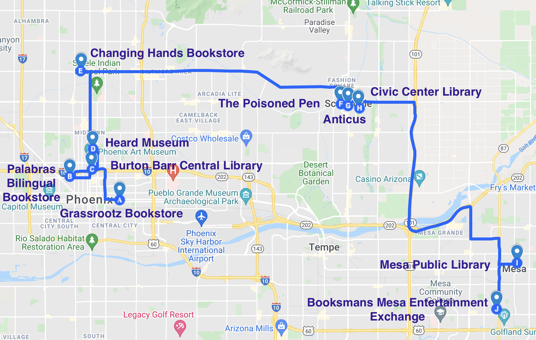 map of literary spots in phoenix, scottsdale, and mesa arizona