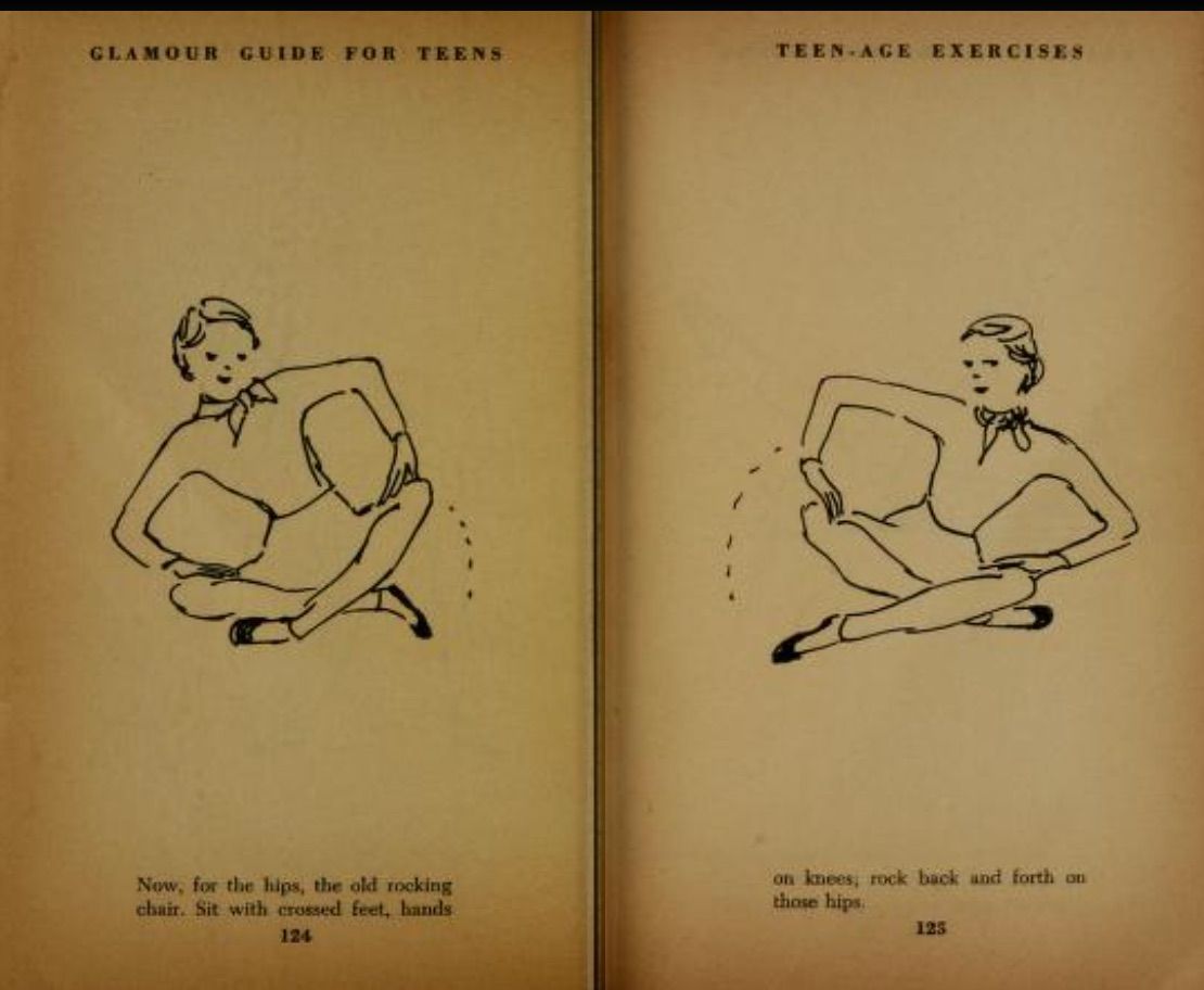 Image of spread from Glamour Guide featuring a sketch of a girl rocking while seated. 