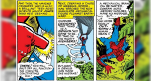 From Avengers #11. Spider-Man, floating in the air thanks to a parachute of webbing, deactivates his robot lookalike. The robot spirals down into a jungle.