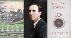 a photo of Tolkien beside the original covers of The Two Towers and the Hobbit