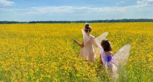 a photo of two kids dressed as fairies walking through a field of flowers