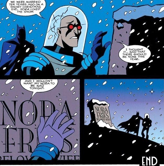 From Batman Adventures Holiday Special #1. Mister Freeze stands before his wife's grave, saying he doesn't want her to be sad tonight. Batman places a hand on Freeze's shoulder.