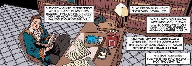 From Blue Beetle #9. Wearing a tacky dressing gown, Dan Garrett reads in his study. His granddaughter's narration discusses Dan's work and thievery.