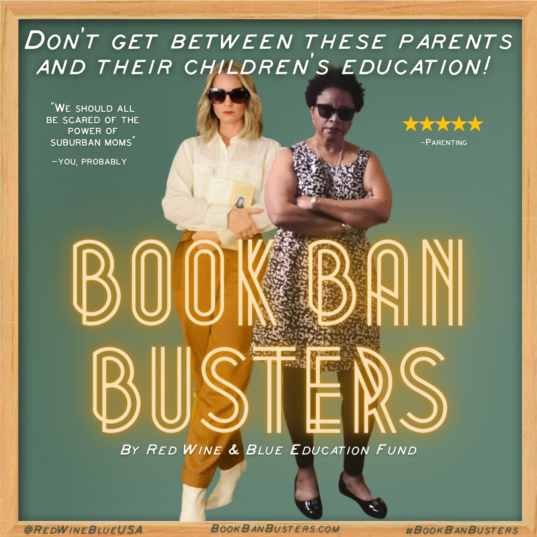book ban busters instagram graphic featuring two women with crossed arms behind the text "book ban busters."