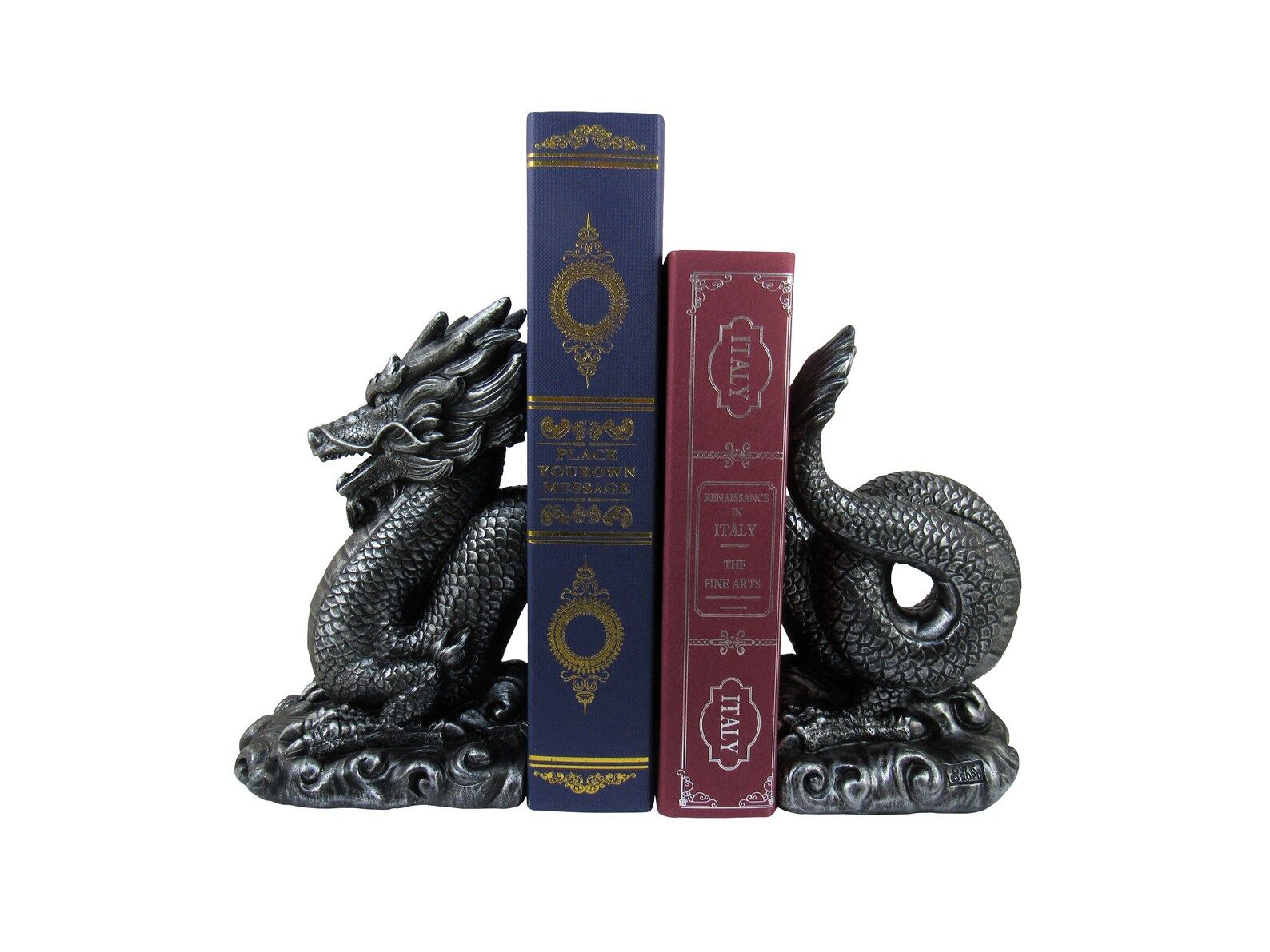 Etsy: Chinese-inspired dragon bookends. The books sit between the dragon's head and its tail. 