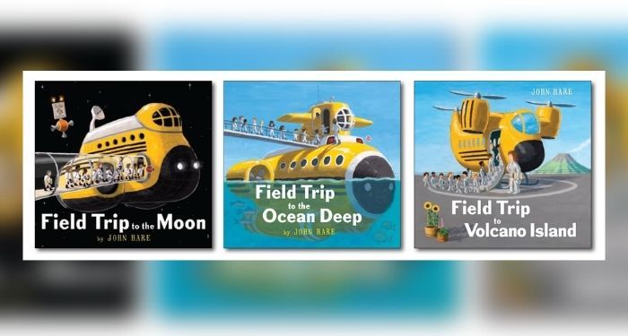 Three book covers in a row: Field Trip to the Moon, Field Trip to the Ocean Deep, and Field Trip to Volcano Island by John Hare