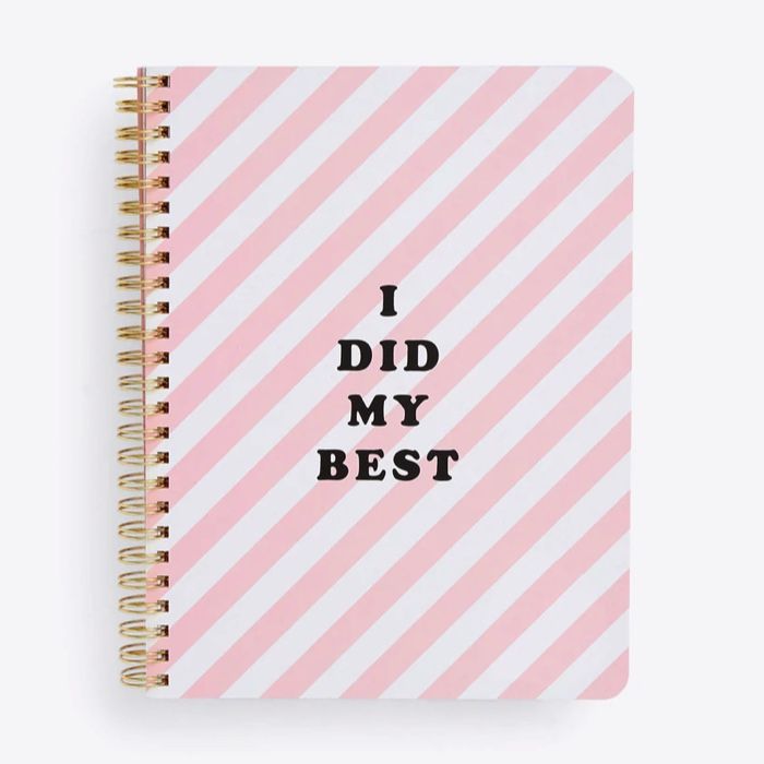 a pink and white diagonal stripe patterned notebook with black text In the middle that says I Did My Best