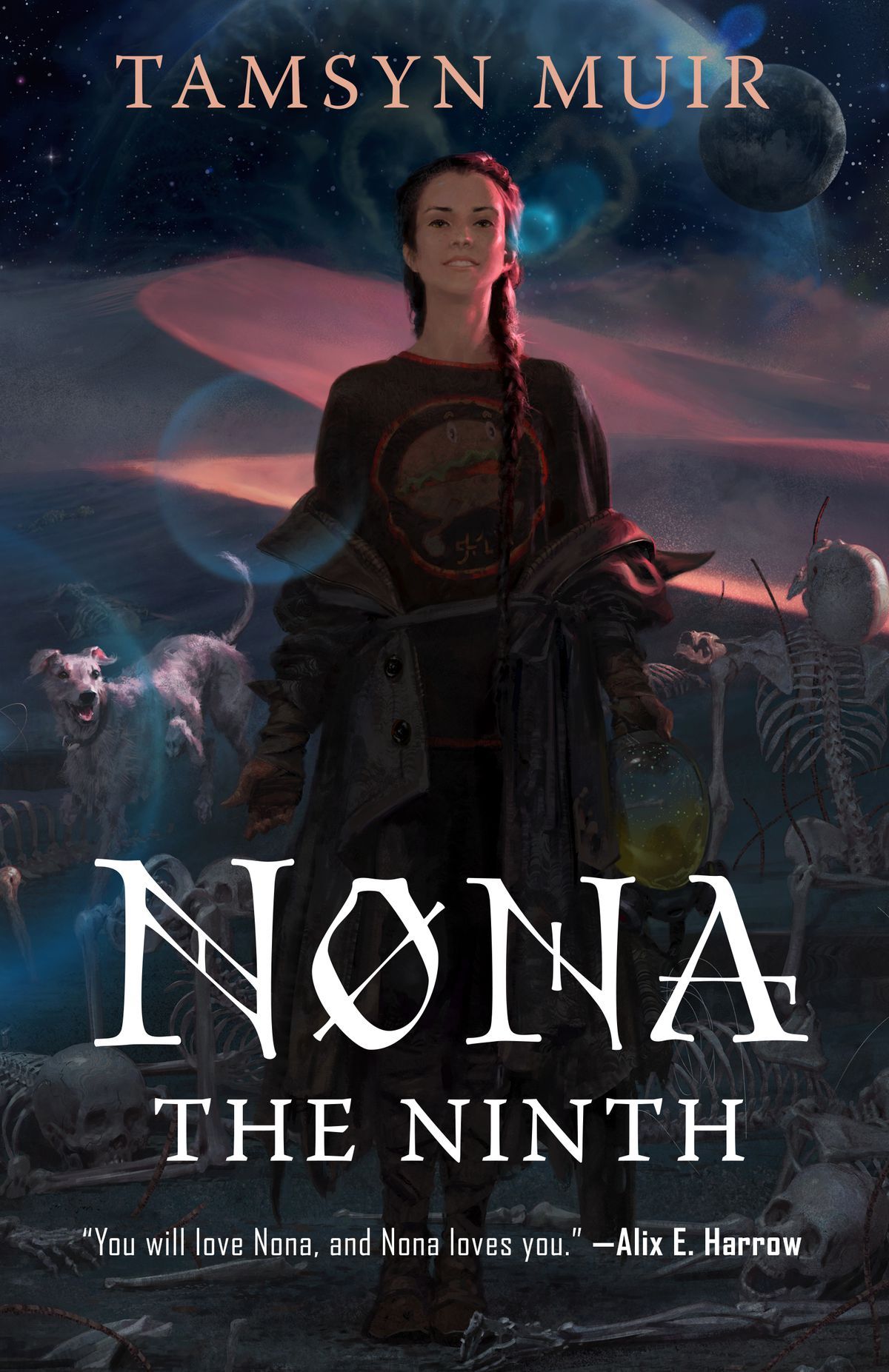 the Nona the Ninth cover, showing a woman with a braid smiling with skeletons behind her