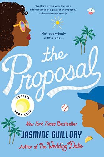 cover of The Proposal by Jasmine Guillory: illustrations of faces of a woman with black skin and a man with brown skin facing inward from opposite sides of the cover. The woman hs wavy hair and sunglasses, the man is wearing a blue baseball cap