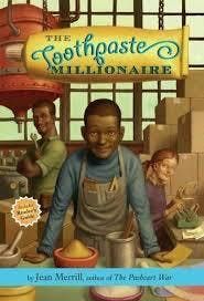 A young Black man stands at a counter with some ingredients in front of him. Two other young Black people are in the background. This is the cover for The Toothpaste Millionaire by Jean Merrill