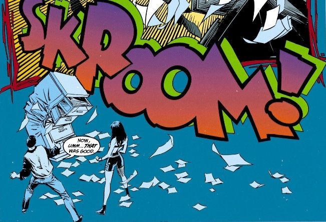 From Wonder Woman #98. Diana and Indelicato regard the filing cabinet that she has just crushed with extreme prejudice.
