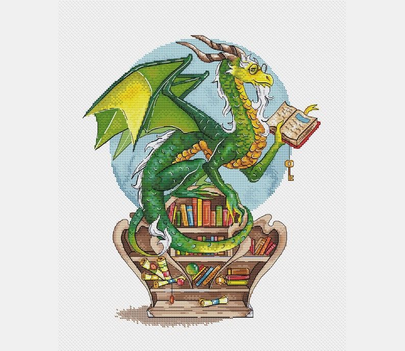 Image of a green dragon on top of a bookshelf. 