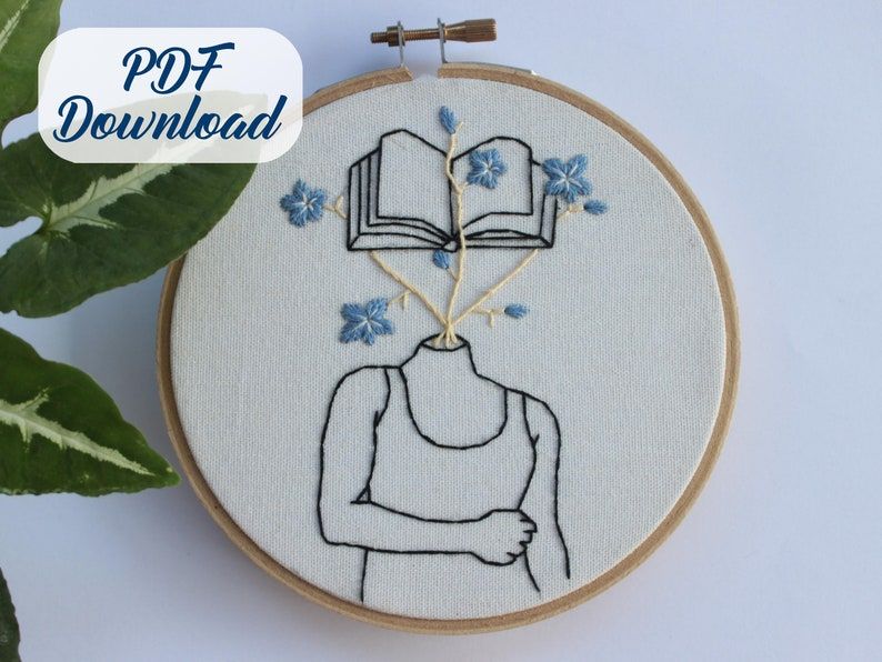 Embroidery featuring a human torso and a head that is an open book. 