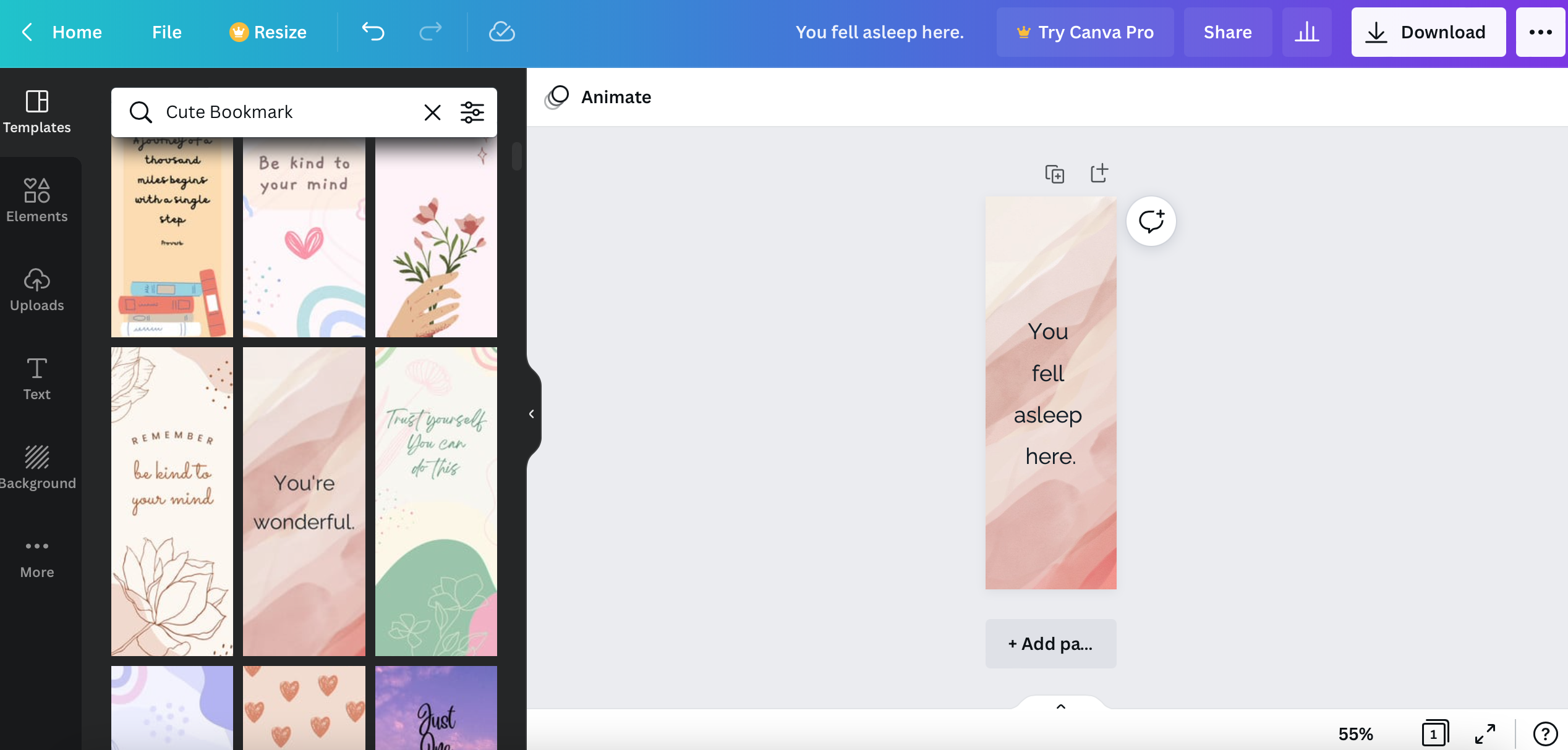 screenshot of creating a bookmark from a template in Canva