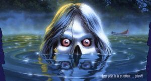 a cropped version of the Camp Cold Lake goosebumps cover, showing a skeletal face raising out of the lake