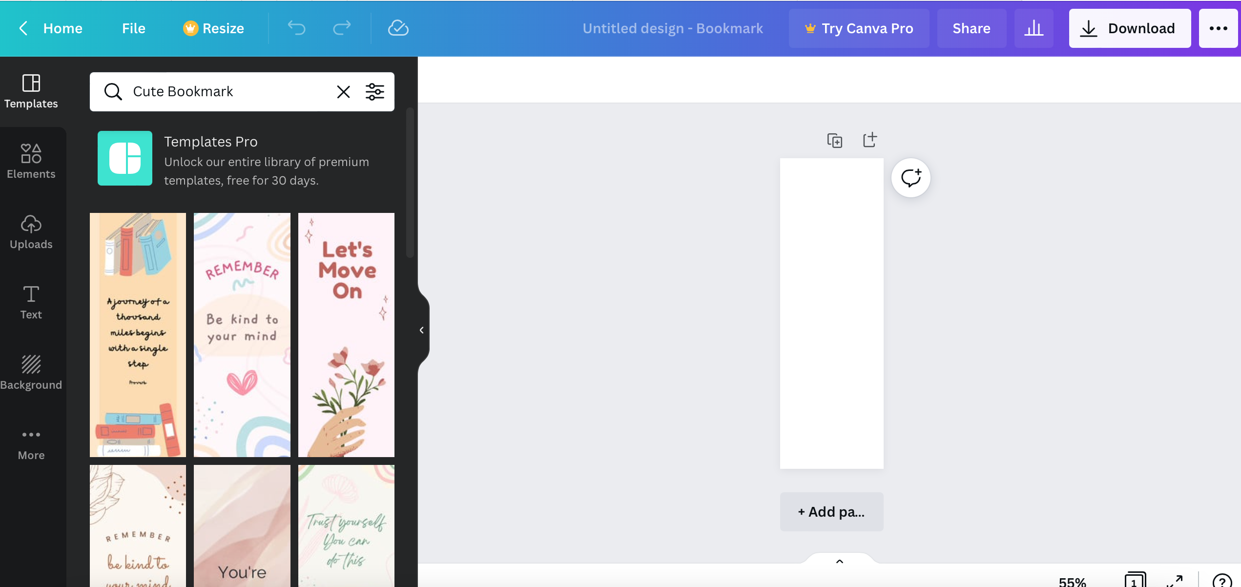 screenshot of the Canva bookmark design interface