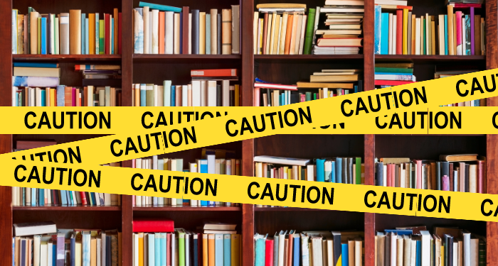 a graphic of caution tape over library shelves