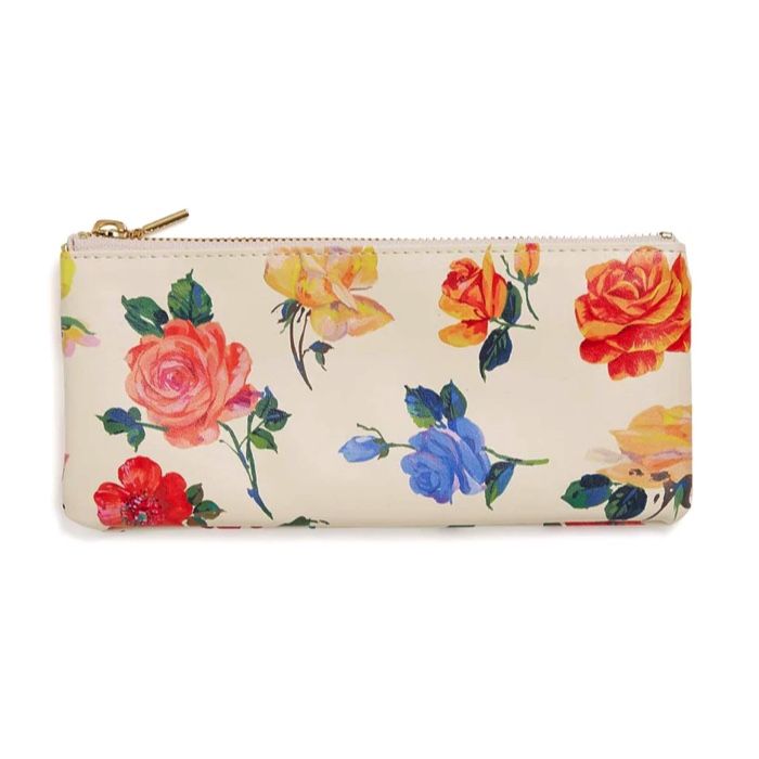 a rectangular pencil/pen pouch in a rose pattern on a cream background