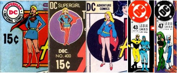 Five corner "areas," three from Adventure Comics and two from Justice League America.

The first Adventure Comics cover shows Supergirl in her classic Silver Age blue dress, with a DC logo over her right shoulder. The second shows her inside a circle and wearing a different blue dress with thigh high boots. The third shows her in the blue blouse and (miscolored on this cover) red shorts of her 1970s costume.

The first JLA cover shows Booster Gold and Blue Beetle standing below the DC bullet logo. The second shows Fire and Ice, also beneath the bullet.