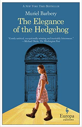 cover of The Elegance of the Hedgehog by Muriel Barbary: image of a young person with white skin mid stride placed in front of an illustration of a door