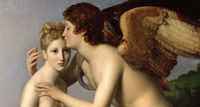 a closeup of the painting Psyche and Amor, also known as Psyche Receiving Cupid's First Kiss (1798), by François Gérard