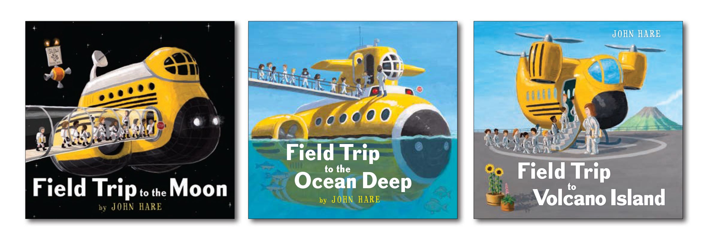 Three book covers in a row: Field Trip to the Moon, Field Trip to the Ocean Deep, and Field Trip to Volcano Island by John Hare