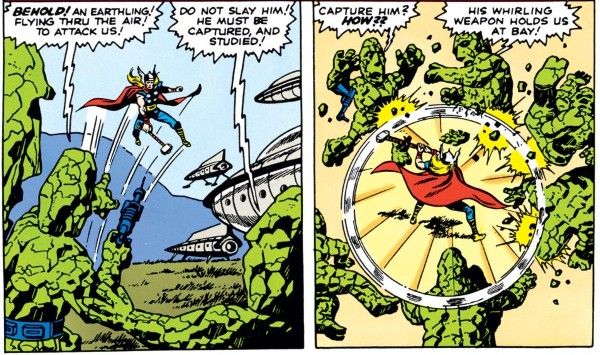 Two panels from Journey Into Mystery #83.

Panel 1: Thor flies up to confront the aliens.

Alien #1: "Behold! An Earthling! Flying thru the air! To attack us!"
Alien #2: "Do not slay him! He must be captured, and studied!"

Panel 2: Thor swings his hammer in a circle, breaking off pieces of the six rocky aliens surrounding him.

Alien #1: "Capture him? How??"
Alien #2: "His whirling weapon holds us at bay!"