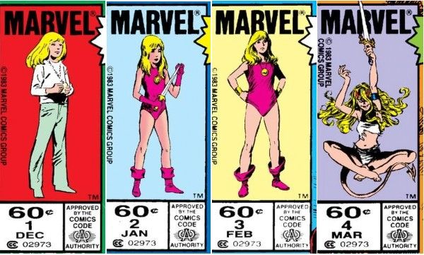 Four corner boxes from the Magik miniseries. The first shows Ilyana Rasputin as an innocent little girl. The second shows her still young, but wearing a superhero-esque outfit and holding a knife. The third shows her slightly older and more confident, and the fourth shows her as a teen, with a demon tail and unkempt hair, holding the knife aloft with a wicked smile.