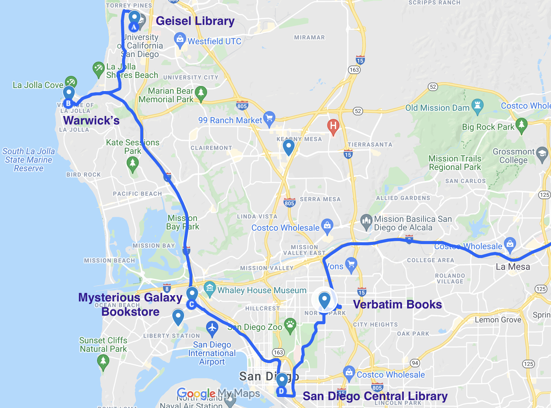 literary stops marked on a map of San Diego