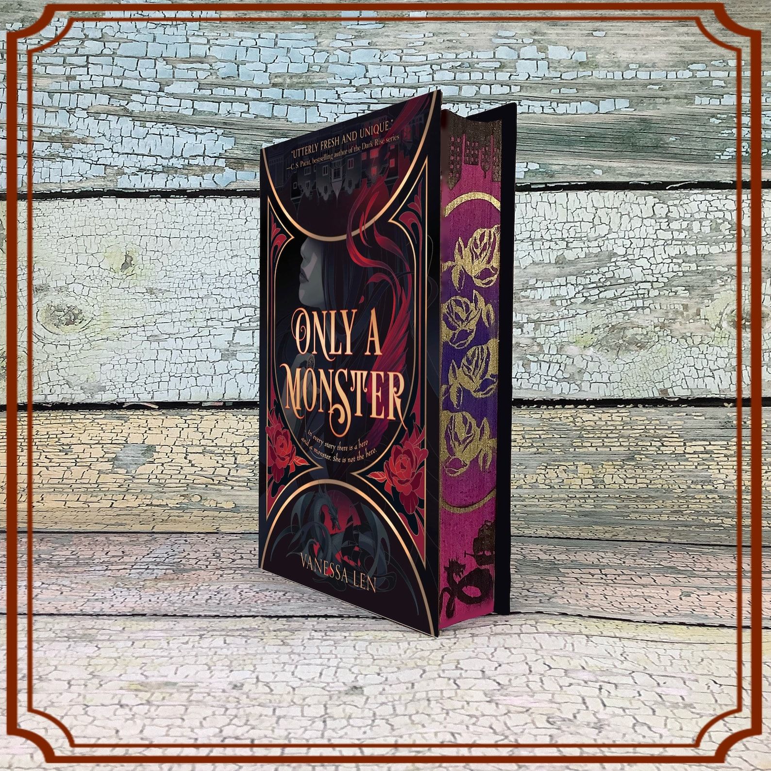 Copy of Only a Monster with ombre sprayed edges and gold stenciling