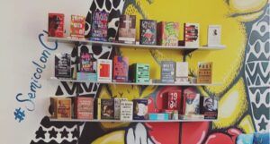 shelves in semicolon bookstore