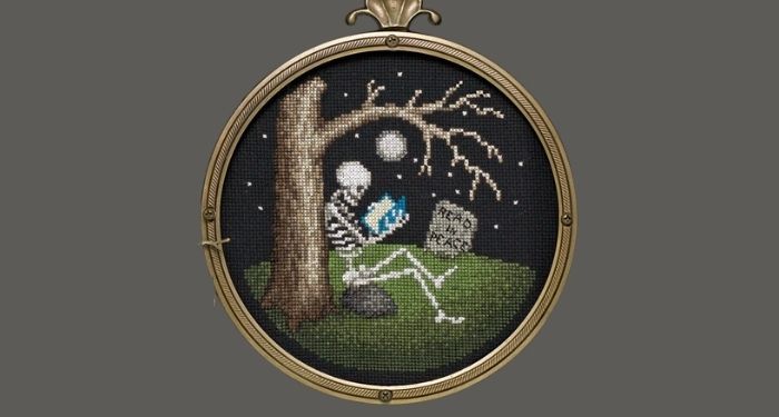 image of a skeleton cross stitch