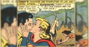 One panel from Action Comics #311. Underwater, Supergirl kisses the merboy Jerro. Comet and the mermaid Lori are in the background. Narration Box: "Comet's memories are interrupted as Lori and Jerro appear..." Supergirl (telepathically): "Thank you! This kiss is for you, Jerro!" Comet (thinking): "Supergirl doesn't know it, but she kissed me like that once!"